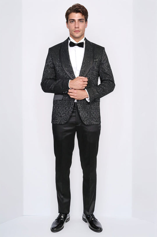 Men's Black Damask Shawl Collar 2-Piece Tuxedo