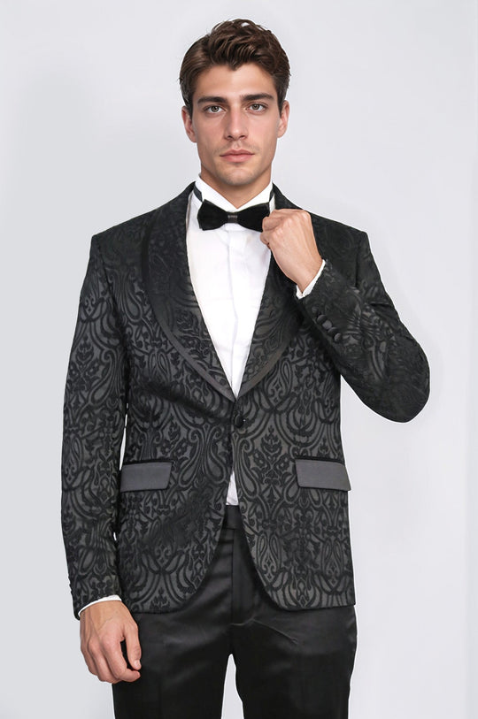 Men's Black Damask Shawl Collar 2-Piece Tuxedo