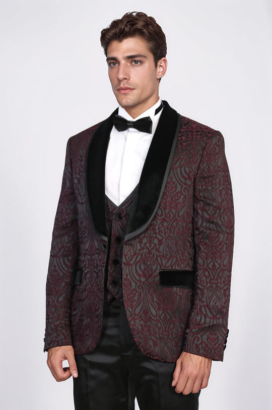 Men's Burgundy Baroque Pattern 3-Piece Tuxedo with Velvet Collar