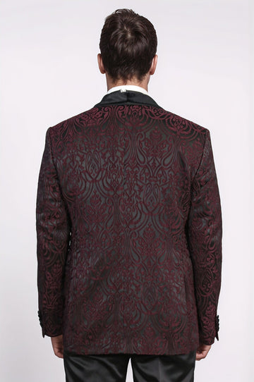 Men's Burgundy Baroque Pattern 3-Piece Tuxedo with Velvet Collar