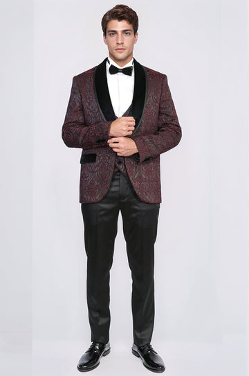 Men's Burgundy Baroque Pattern 3-Piece Tuxedo with Velvet Collar