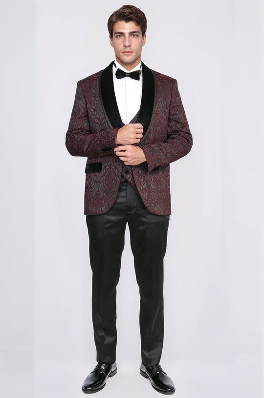Men's Burgundy Baroque Pattern 3-Piece Tuxedo with Velvet Collar