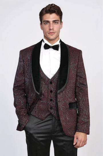 Men's Burgundy Baroque Pattern 3-Piece Tuxedo with Velvet Collar