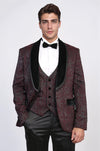 Men's Burgundy Baroque Pattern 3-Piece Tuxedo with Velvet Collar