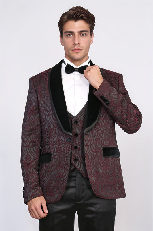 Men's Burgundy Baroque Pattern 3-Piece Tuxedo with Velvet Collar