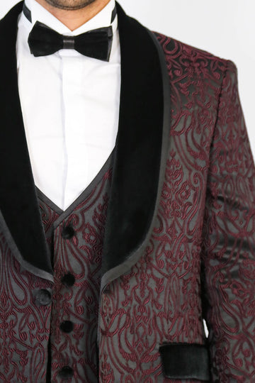 Men's Burgundy Baroque Pattern 3-Piece Tuxedo with Velvet Collar