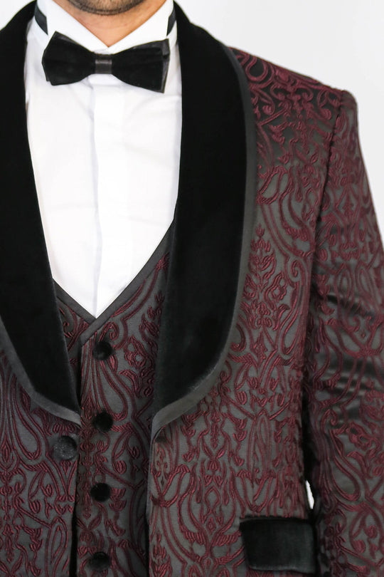 Men's Burgundy Baroque Pattern 3-Piece Tuxedo with Velvet Collar