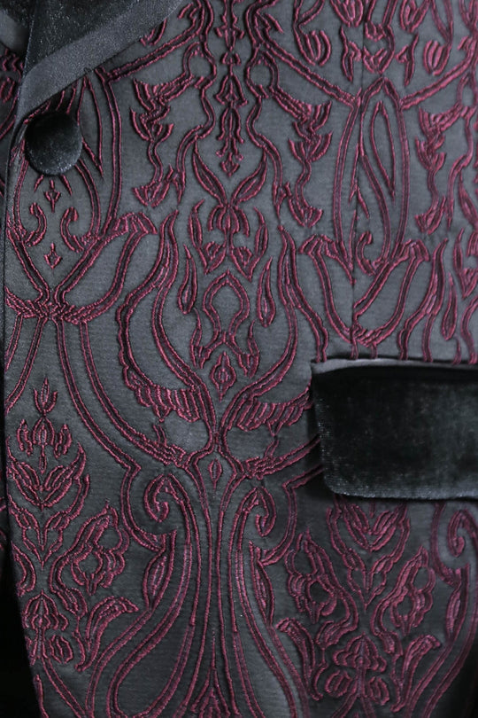 Men's Burgundy Baroque Pattern 3-Piece Tuxedo with Velvet Collar