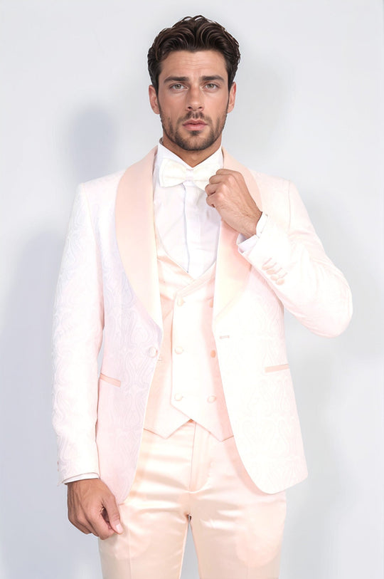 Men's Powder Pink Wavy Pattern 3-Piece Tuxedo