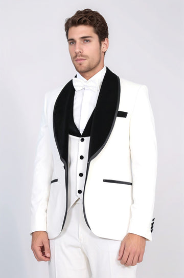 Men's White 3-Piece Tuxedo with Black Velvet Lapel