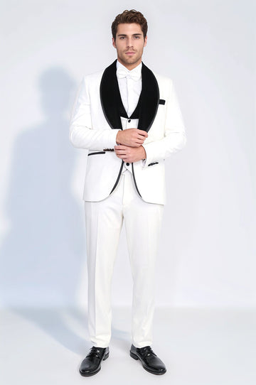 Men's White 3-Piece Tuxedo with Black Velvet Lapel