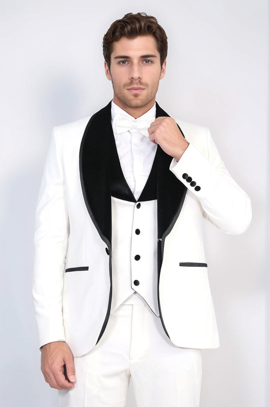 Men's White 3-Piece Tuxedo with Black Velvet Lapel