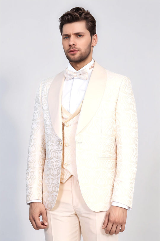 Men's Cream Wavy Pattern 3-Piece Tuxedo