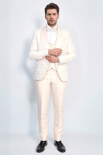 Men's Cream Wavy Pattern 3-Piece Tuxedo