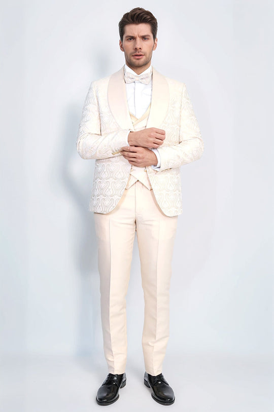 Men's Cream Wavy Pattern 3-Piece Tuxedo