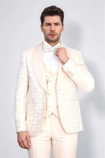 Men's Cream Wavy Pattern 3-Piece Tuxedo