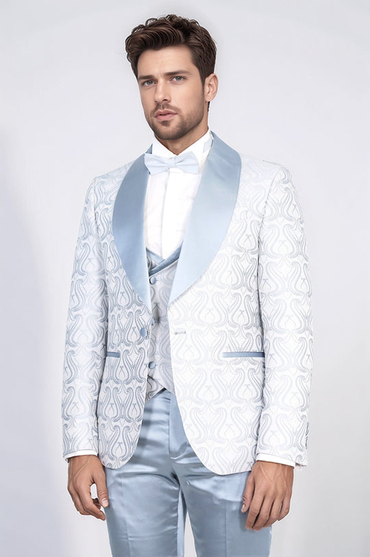 Men's Ice Blue Wavy Pattern 3-Piece Tuxedo