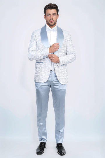Men's Ice Blue Wavy Pattern 3-Piece Tuxedo
