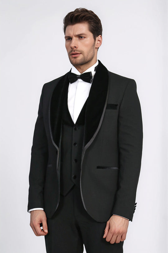 Men's Black Velvet Shawl Collar 3-Piece Tuxedo