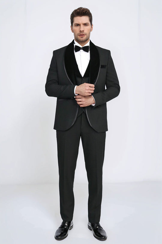 Men's Black Velvet Shawl Collar 3-Piece Tuxedo