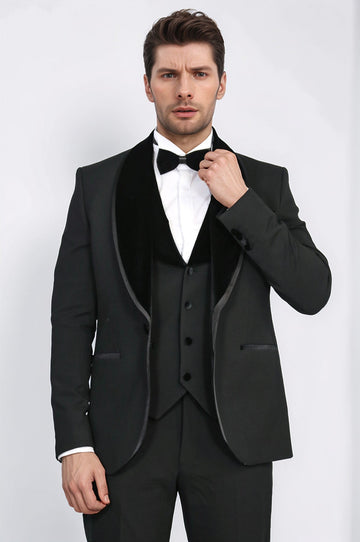 Men's Black Velvet Shawl Collar 3-Piece Tuxedo