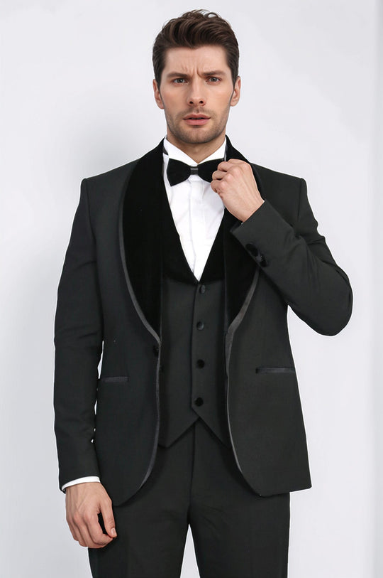 Men's Black Velvet Shawl Collar 3-Piece Tuxedo