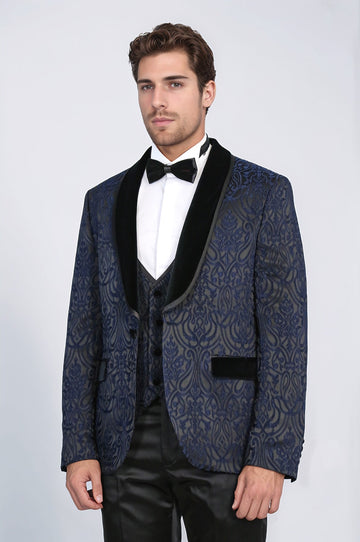 Men's Navy Blue Baroque Pattern 3-Piece Tuxedo with Velvet Collar