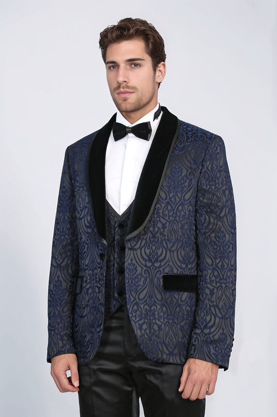 Men's Navy Blue Baroque Pattern 3-Piece Tuxedo with Velvet Collar