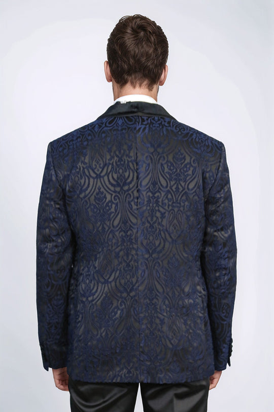 Men's Navy Blue Baroque Pattern 3-Piece Tuxedo with Velvet Collar