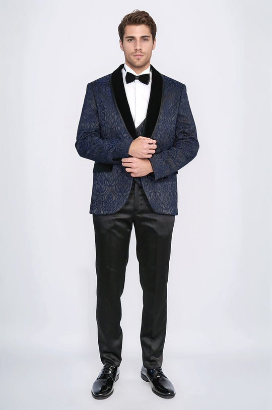 Men's Navy Blue Baroque Pattern 3-Piece Tuxedo with Velvet Collar