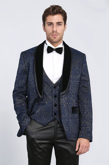 Men's Navy Blue Baroque Pattern 3-Piece Tuxedo with Velvet Collar