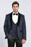 Men's Navy Blue Baroque Pattern 3-Piece Tuxedo with Velvet Collar