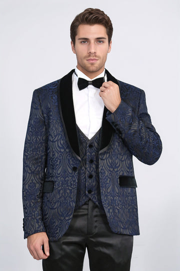 Men's Navy Blue Baroque Pattern 3-Piece Tuxedo with Velvet Collar
