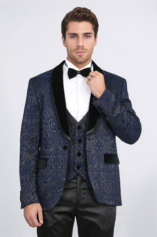 Men's Navy Blue Baroque Pattern 3-Piece Tuxedo with Velvet Collar
