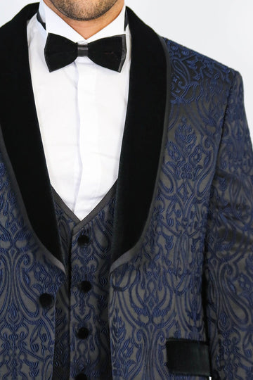 Men's Navy Blue Baroque Pattern 3-Piece Tuxedo with Velvet Collar