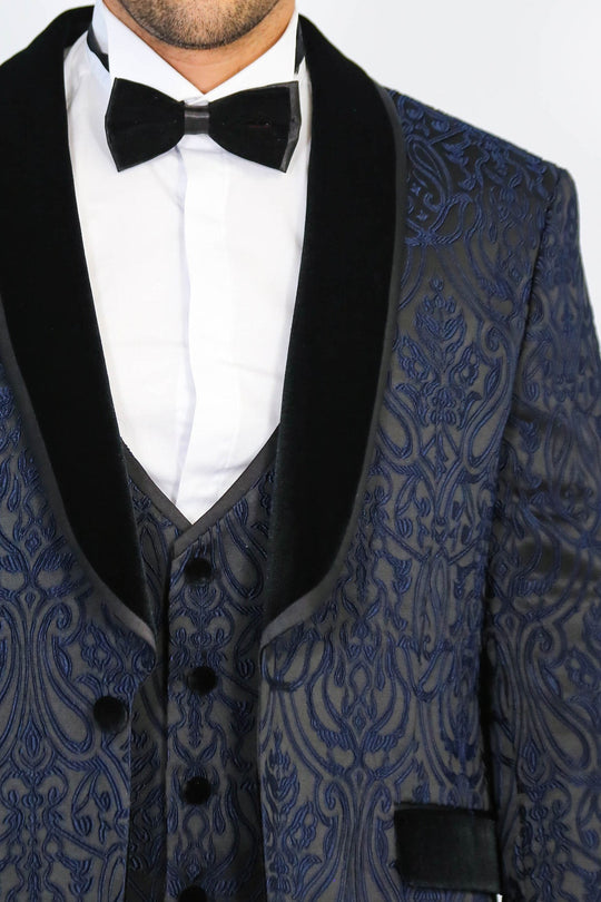 Men's Navy Blue Baroque Pattern 3-Piece Tuxedo with Velvet Collar