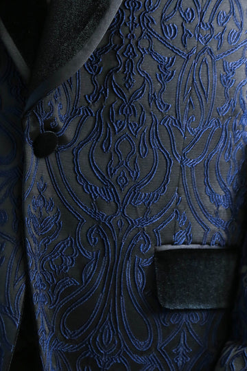 Men's Navy Blue Baroque Pattern 3-Piece Tuxedo with Velvet Collar