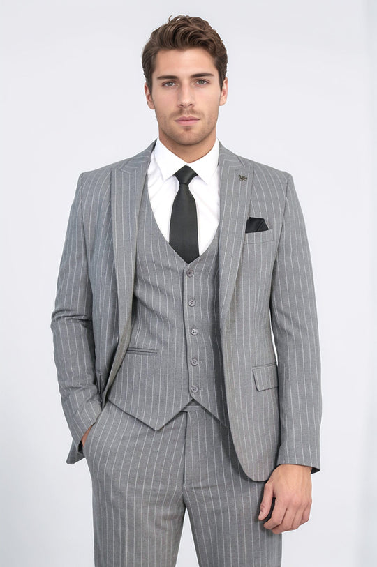 Men's Grey Pinstripe 3-Piece Suit with Waistcoat