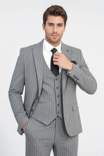 Men's Grey Pinstripe 3-Piece Suit with Waistcoat