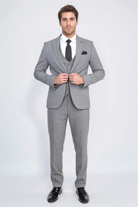 Men's Grey Pinstripe 3-Piece Suit with Waistcoat