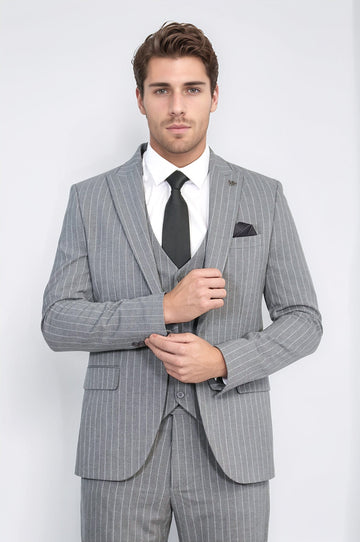 Men's Grey Pinstripe 3-Piece Suit with Waistcoat