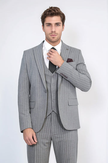 Men's Grey Pinstripe 3-Piece Suit with Waistcoat