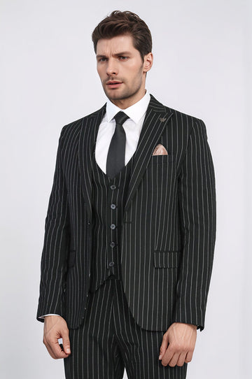 Men's Black Pinstripe 3-Piece Suit with Waistcoat