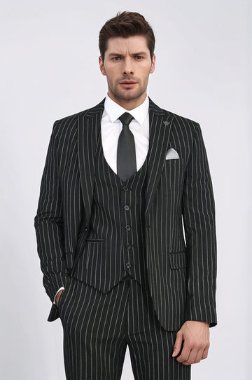 Men's Black Pinstripe 3-Piece Suit with Waistcoat