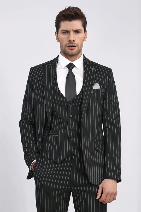 Men's Black Pinstripe 3-Piece Suit with Waistcoat