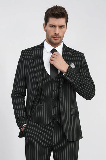 Men's Black Pinstripe 3-Piece Suit with Waistcoat