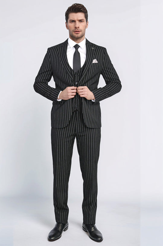 Men's Black Pinstripe 3-Piece Suit with Waistcoat