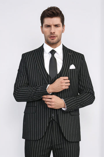 Men's Black Pinstripe 3-Piece Suit with Waistcoat