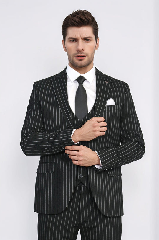 Men's Black Pinstripe 3-Piece Suit with Waistcoat