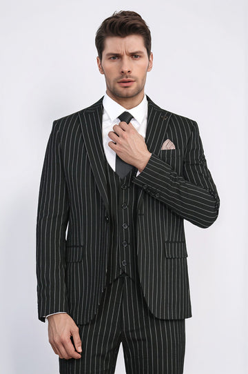 Men's Black Pinstripe 3-Piece Suit with Waistcoat